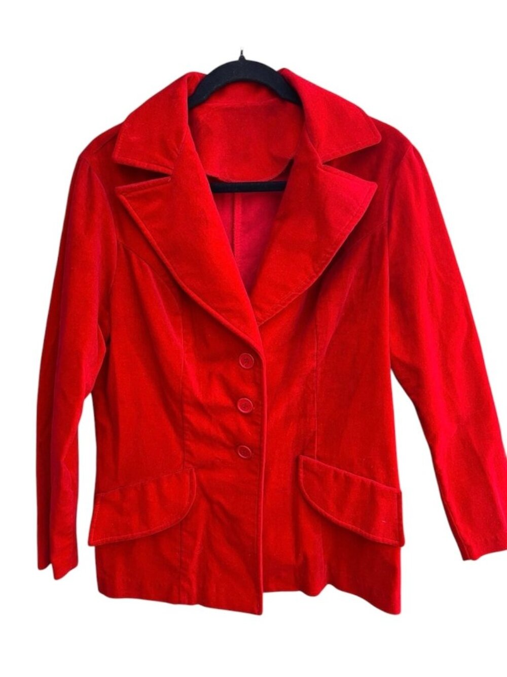1970s Red Cotton Velvet Blazer Jacket XL 3-Button Hipster Boho Glam Rock Twee - Picture 2 of 9